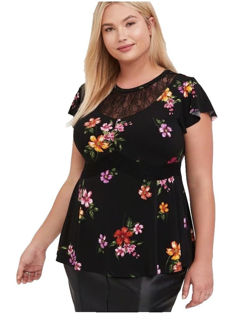 Torrid Top Womens Size 1X Black Floral Lace Flutter Sleeves Flowy Dressy Career